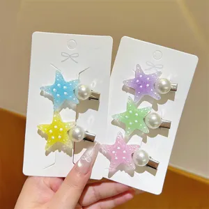 Gradient starfish pearl hair clips detail view, sweet cute side hairpins for women and girls.