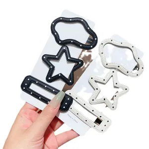 Polka dot leather hair clips set, black and white star and cloud side hairpins for women.