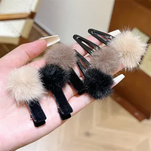 Cute autumn winter plush pom pom hair clips sweet aesthetic duckbill and snap hair accessories