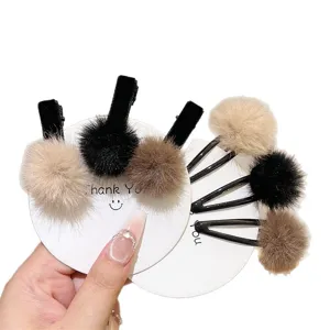 Autumn winter cute plush pom pom hair clips set, sweet BB snap hairpins for women girls