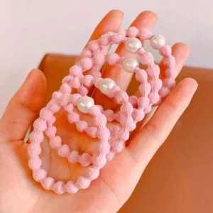 Pink pearl hair ties set, high elasticity rubber bands for cute daily hair styling.