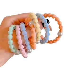 Pastel color hair scrunchies with pearl beads, high elasticity hair ties for cute ponytail styles.
