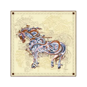 Neutraler 70 cm quadratischer Schal mit Steampunk-Pferde-Design und stilvollem Rand.