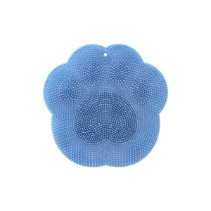 Blue silicone foot scrubber bath mat with massage bristles for daily bathroom shower cleaning