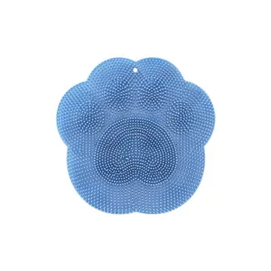 Blue silicone foot scrubber mat for bathroom shower, non-slip massage pad for dead skin.