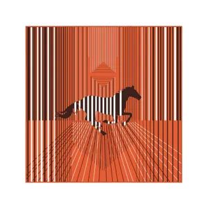 Nahaufnahme des 70cm quadratischen Seidenschals mit stilvollem Pferd und geometrischem Design.