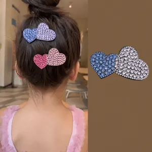 Rhinestone double heart hair clip detail view, sparkling crystal hair accessories for girls.