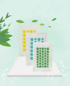 Hydrocolloid star acne patch detail view, colorful blemish cover patches on display.