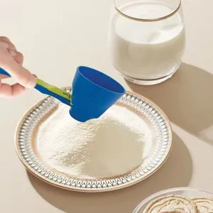 Sliding protein powder measuring scoop funnel tool for clean kitchen powder transfer and baking.