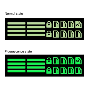 Detail view showing car window switch luminous stickers in normal and fluorescent states.