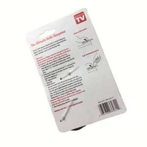 Portable manual knife sharpener tool with packaging instruction for kitchen cooking use.
