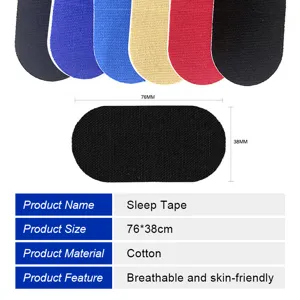 Breathable cotton sleep tape detail showing size dimensions and soft material features.