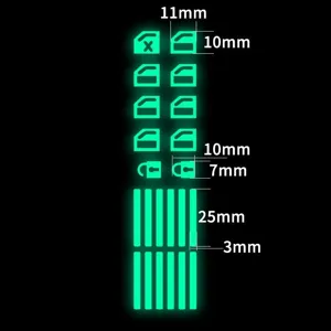 Detailed dimension diagram of luminous car window button stickers with fluorescent green glow effect.
