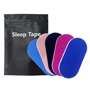 Detailed view of colorful anti snoring mouth sleep tape shown with a black packaging bag.