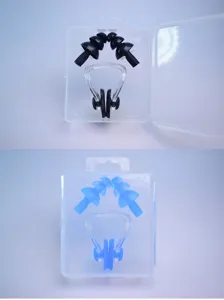 Detail view of silicone swimming earplugs and nose clip set in clear plastic storage box.