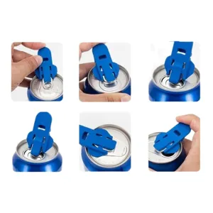 Abrelatas de plástico azul portátil para bebidas y cerveza, práctico y resistente al polvo.