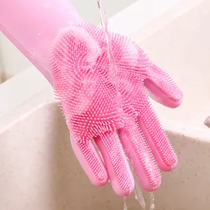 Guanti da cucina in silicone rosa con setole dense per la pulizia e il lavaggio dei piatti