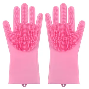 Guanti da pulizia in silicone rosa per lavastoviglie da cucina, impermeabili e termici.