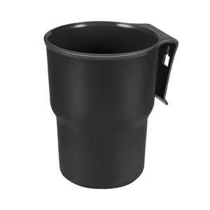 Universal hanging cup holder for electric bikes, strollers, and carts. Black plastic material.