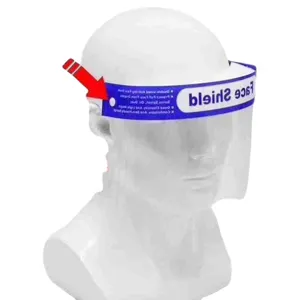 Disposable clear protective face shield with elastic blue headband and snap button for safety.