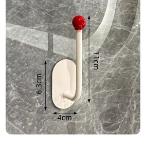 Punch-free wall hook with red ball head, white finish, durable bathroom storage organizer rack.
