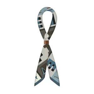 Neutrale Seidenoptik Twilly Schal mit geometrischem Print und Lederring, vielseitiges Tuch.