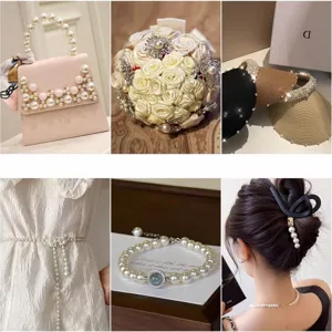 Elegant pearl decorative accessories set featuring stylish bags hats belts bracelets and hair clips.