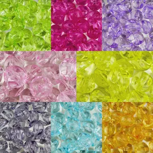Clear acrylic beads detail view, vibrant colorful DIY handmade jewelry craft material.