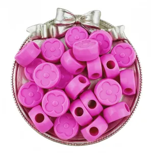 Close-up detail of 19mm acrylic pink flower beads, perfect for DIY phone charms and jewelry.