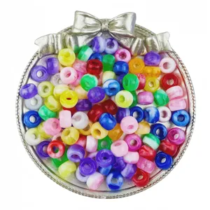 Colorful acrylic pony beads detail shot, large hole barrel beads for DIY hair braiding crafts.