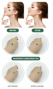 Close-up detail view of waterproof hydrocolloid star and heart acne patches for flawless coverage.