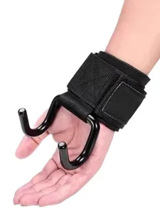 Gym wrist straps with metal hooks for pull-ups, weightlifting power lifting support grips.