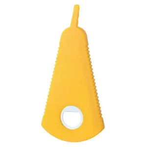 Close-up view of the yellow multi-functional jar opener with serrated edges and metal ring.