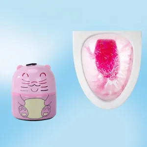 Pink bear toilet bowl cleaner block with peach scent and pink flushing effect for bathroom.