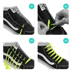 Detailed installation step showing how to attach flexible silicone lazy shoelaces securely.