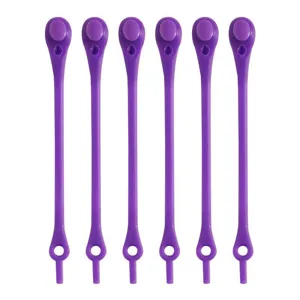 Close-up detail of purple silicone no-tie shoelaces, elastic lazy laces for sneakers.