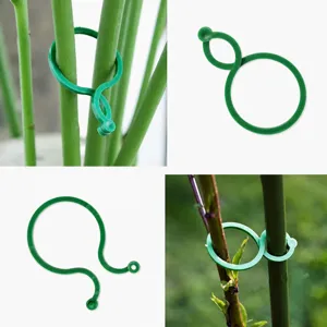 Green plastic figure-8 plant clips for climbing tomatoes and garden support fasteners