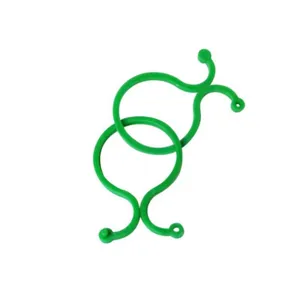 Green plastic 8-shape plant clips for climbing tomatoes and cucumbers, durable garden support ties.