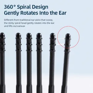 Black sticky ear picker tool for gentle earwax cleaning, easy spiral design, 1 pack.