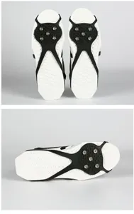 Close-up detail view of five-tooth ice crampons with metal spikes and durable black rubber straps.