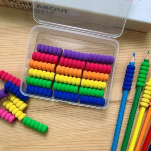 Colorful sponge pencil grips for students, anti-slip threaded pen holders for comfort writing.