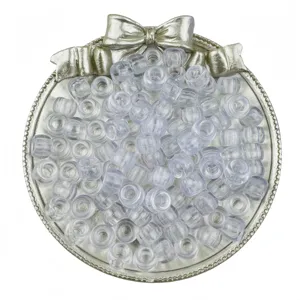 Close-up detail of clear transparent pony beads, perfect for hair braiding and DIY crafts.
