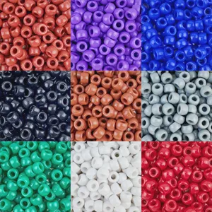 Colorful 6x9mm plastic barrel pony beads detail shot for DIY hair braiding and crafts.