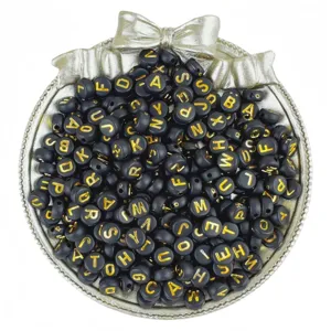 4x7mm black acrylic letter beads with gold letters, perfect for DIY friendship bracelets.