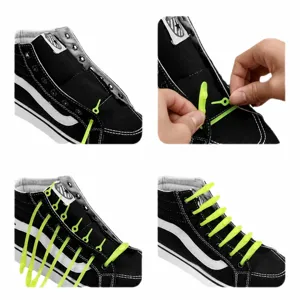 Neon green silicone no tie shoelaces elastic lazy shoe laces for sneakers and high top canvas shoes.