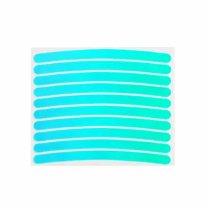 Curved luminous wheel rim reflective stickers, turquoise anti-collision strips, main view.
