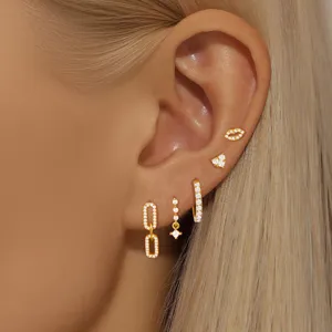 Women Geometric Rhinestone Stud Earrings Set Gold Silver Plated Copper Inlaid Rhinestone Chain Heart Square Drop Earrings Fashion Jewelry