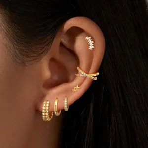 Gold plated minimalist crystal ear cuff and hoop earrings set fashion jewelry for women