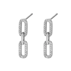 Delicate silver chain link stud earrings with sparkling cubic zirconia, elegant geometric detail.