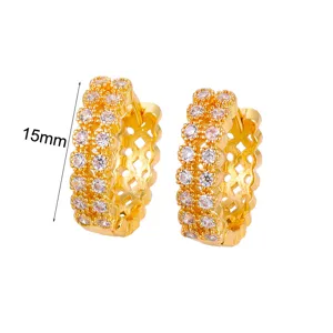 Elegant 15mm gold-plated double-row rhinestone hoop earrings for women fashion daily wear.